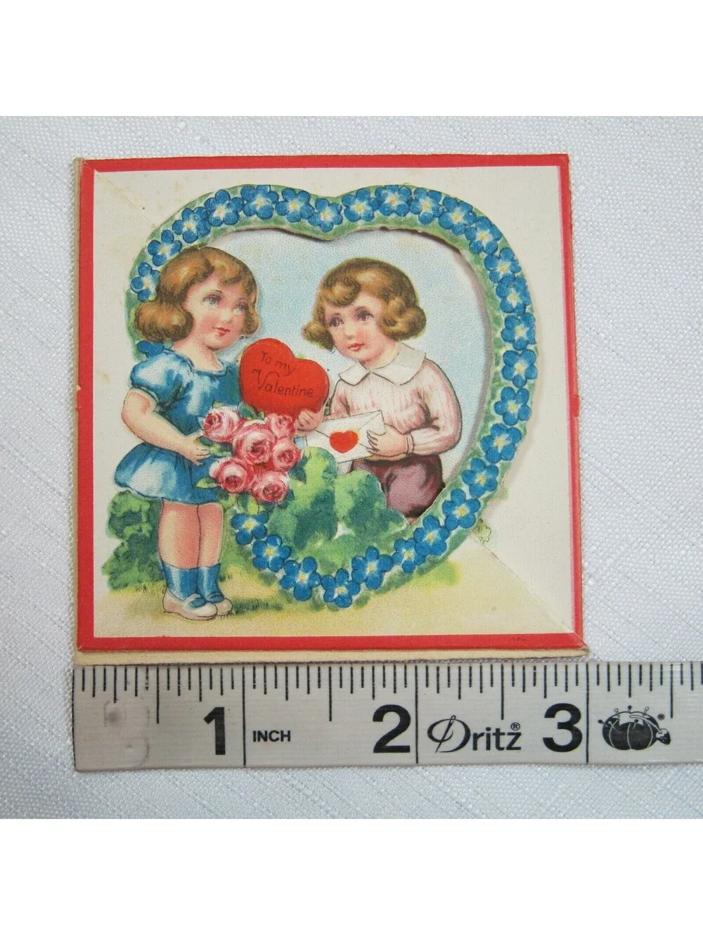 Vintage Valentine Card 1929 Fold Out Country Boy & Girl w/ Flowers Heart Germany